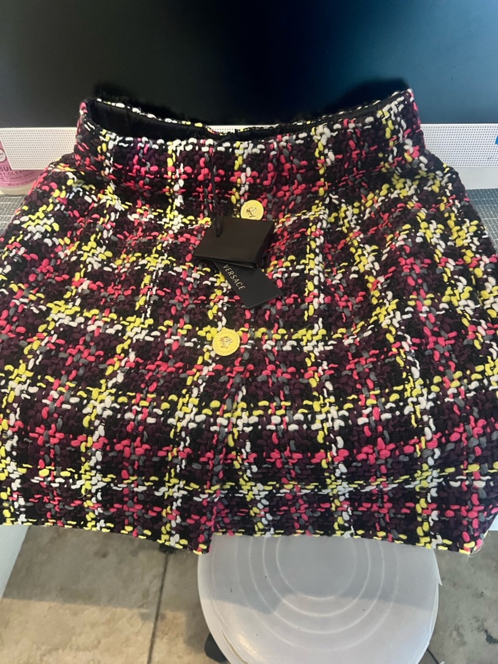 Versace Black Tweed Mini Skirt with Pink & Yellow Threaded Pattern
